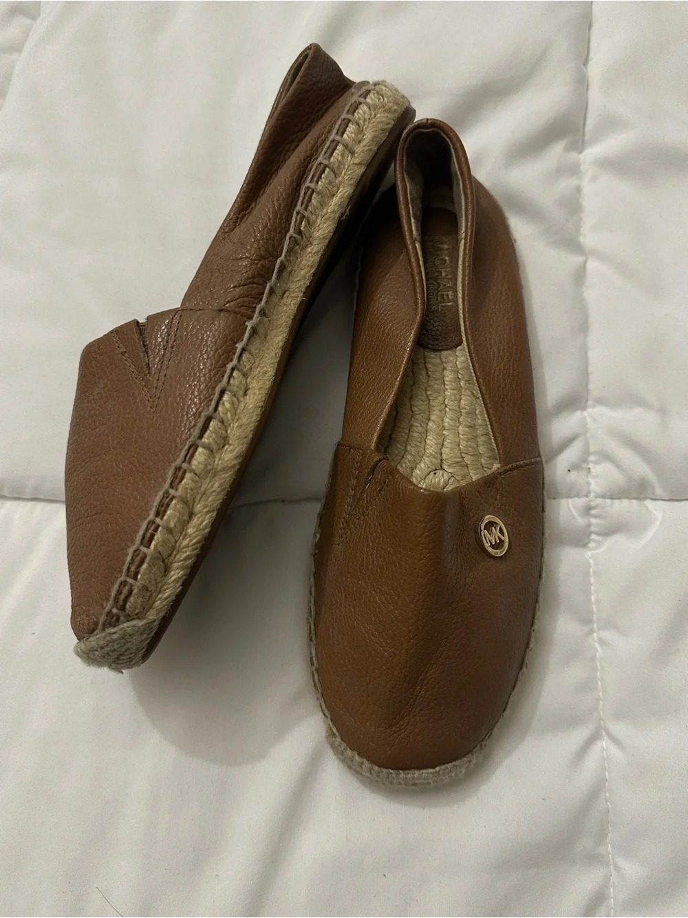 Michael Kors Tan Leather Espadrille Slip-Ons with Gold Logo
